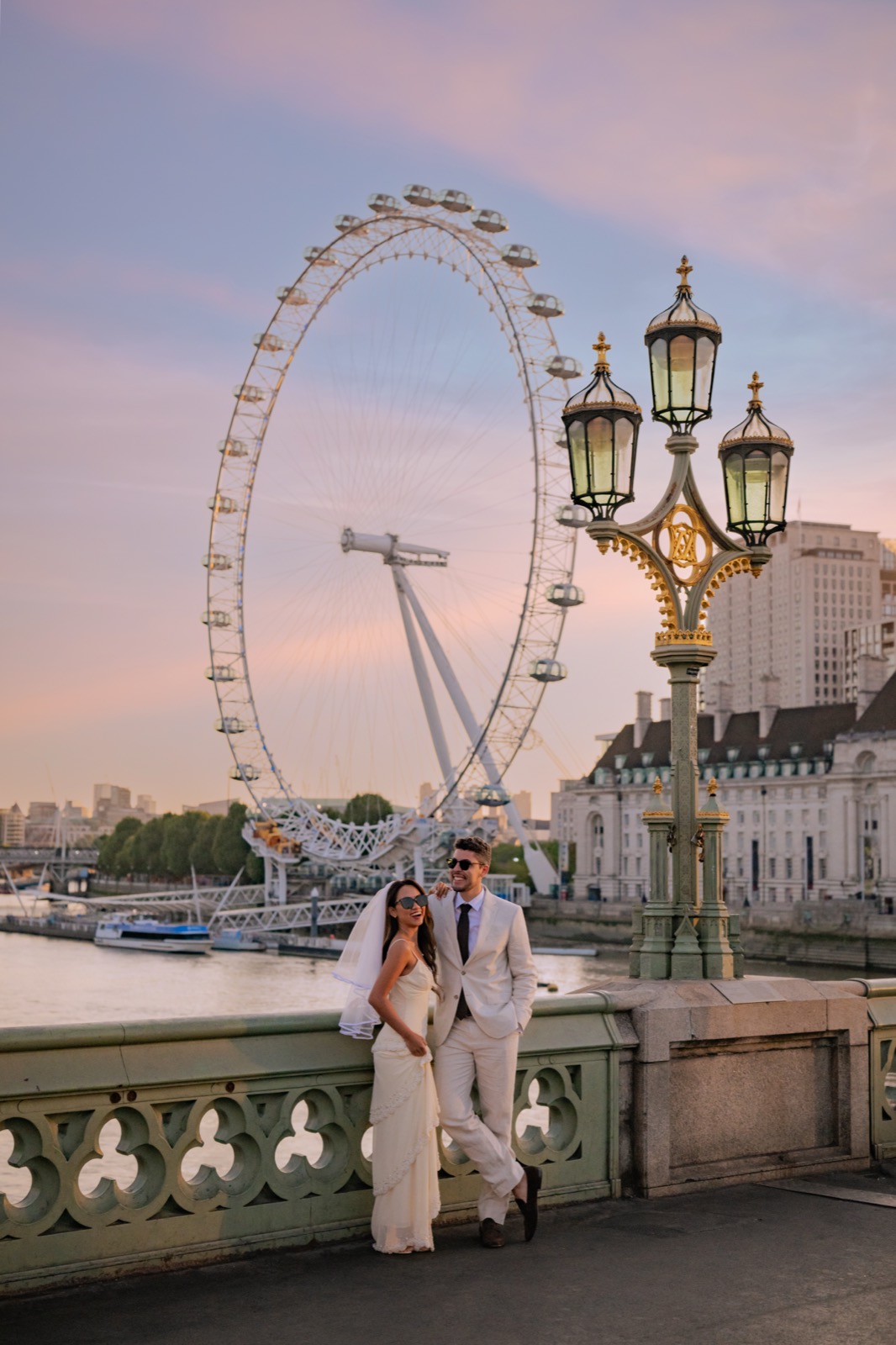 Rachel and Gustavo on Westminster Bridge at dusk, the London Eye behind them